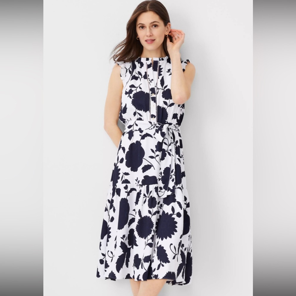 Ann Taylor Black and White Floral Midi Dress